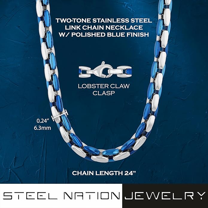 Stainless Steel and Blue Ion-Plate 6.3mm Oval Link 24" Chain Necklace