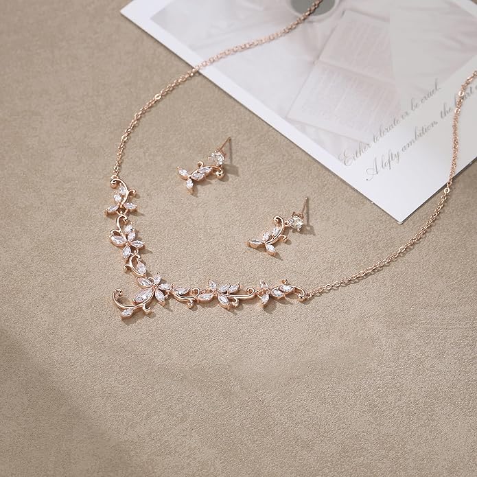 Crysdue Flower Leaf Wedding Jewelry Set for Bridal Bridemaid, Cubic Zirconia Teardrop Elegant Silver/14K/Rose Gold Plated Vine Necklace Dangle Earrings for Prom Party