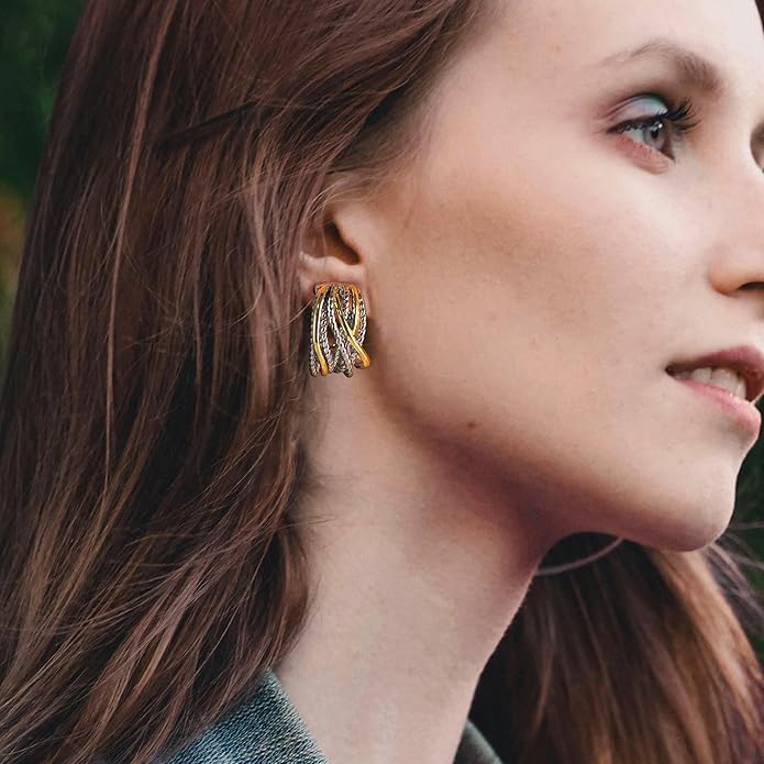 Two Tone Huggie Hoop Earrings Cross Over Design Twisted Rope Silver Gold Statement Wide Band Clip On Hoops for Women Fashion Jewelry Gift