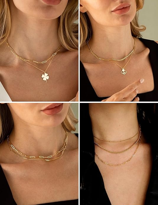 AILPIWE Layered Gold Necklaces for Women, 18K Gold Plated Dainty Paperclip Box Cuban Satellite Chain Necklace Set, Simple Gold Necklace Stack for Women