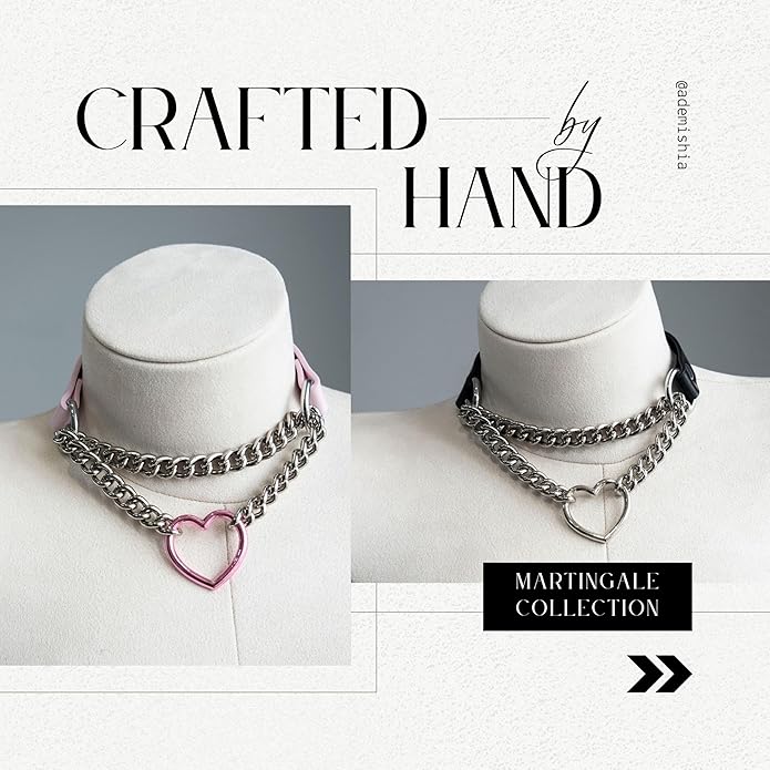 Black/Pink Leather Choker Necklace For Women, Handmade Adjustable Chain Collar with Metallic Heart Ring