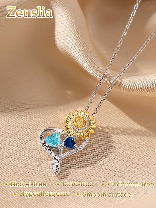 Zeuslia Double Birthstone Necklace Gifts for Wife - 925 Sterling Silver Sunflower/Rose/Crown Cross/Compass/Heart Pendant I Love You Necklace, Anniversary Birthday Gifts for Wife Girlfriend Mom Her