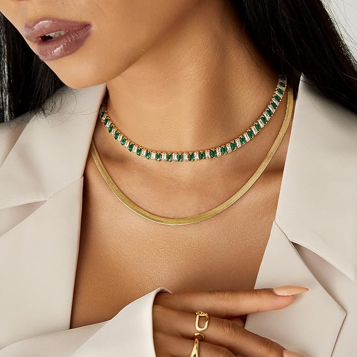 KissYan Diamond Tennis Necklace for Women, 14K/White Gold Plated Cubic Zirconia Baguette Tennis Chain Chunky Paperclip Link Cuban Choker Necklace Dainty Jewelry Gifts