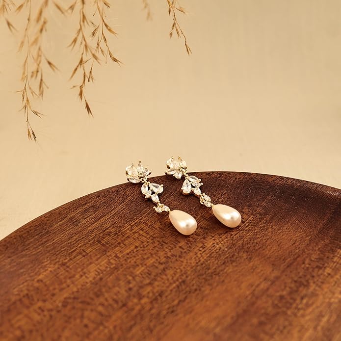 Gold Earrings for Women,Dainty 14k Gold Plated Pearl Drop Earring Dangle Pearl Dangling Earrings for Women Trendy Small Cute Wedding CZ Earring Long Chain Threader Prom Jewelry Gifts