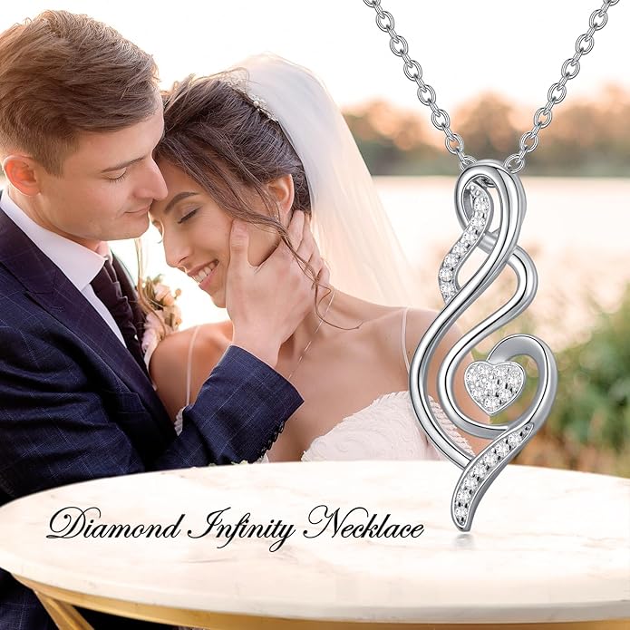 ZBA Natural Diamond Infinity Necklace for Women, 14K White Gold Plated Sterling Silver Diamond Eternal inifnity Pendant Necklaces Jewelry, Birthday Christmas Gifts for Mom Her Wife(Color F-G/Clarity I1-I2)