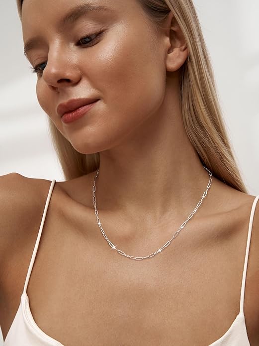 MBW Silver Paperclip Chain Necklace for Women,Dainty Sterling Silver Choker Necklaces for Women Trendy Simple Long Chunky Minimalist Waterproof Link Necklace Jewelry Gifts for Women 16/18/20 in