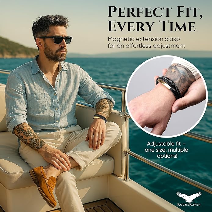 RogueRaven Black Leather Bracelet for Men – Premium Collection – Brown Black Gold Silver | Genuine Leather Mens Bracelet with Stainless Steel Clasp [Adjustable] | In Luxury Gift Box