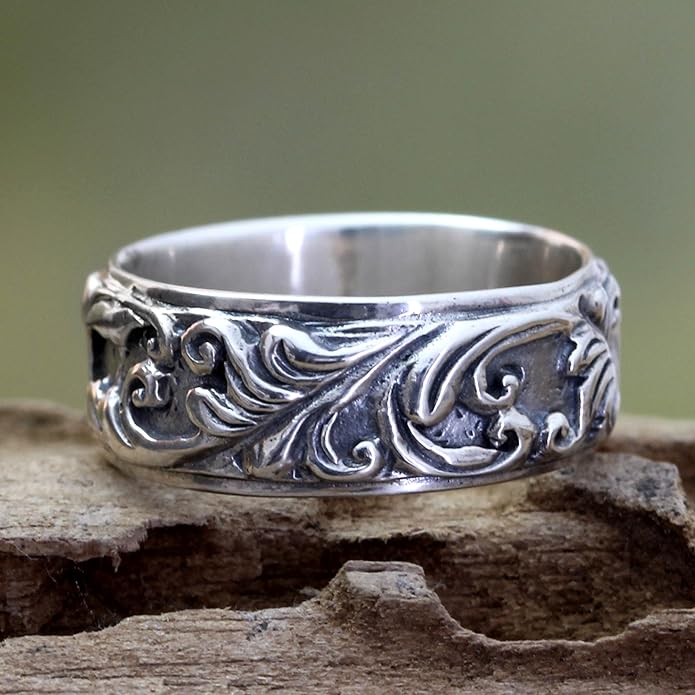 NOVICA Artisan Handmade Sterling Silver Band Ring Leaf Tree No Stone Indonesia [band Width 8 mm W] 'Flourishing Foliage'