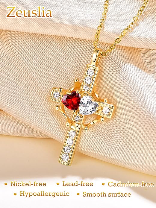 Zeuslia Double Birthstone Necklace Gifts for Wife - 925 Sterling Silver Sunflower/Rose/Crown Cross/Compass/Heart Pendant I Love You Necklace, Anniversary Birthday Gifts for Wife Girlfriend Mom Her