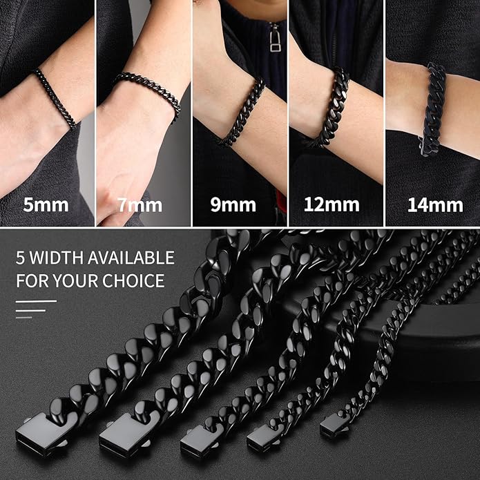 ChainsHouse Stainless Steel Cuban Link Bracelet for Men, 5mm/7mm/9mm/12mm Width, 7.5"/8.3"/9" Length, Black/18K Gold Plated Chain Wrist Bracelets for Men, with Gift Box