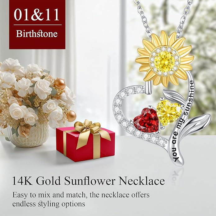 PERJI Valentine's Day Gifts for Women - 925 Sterling Silver Double Birthstone Sunflower Necklace, Anniversary Birthday Jewelry You are My Sunshine Gifts for Wife Couple Girlfriend 18"+2" Non Tarnish