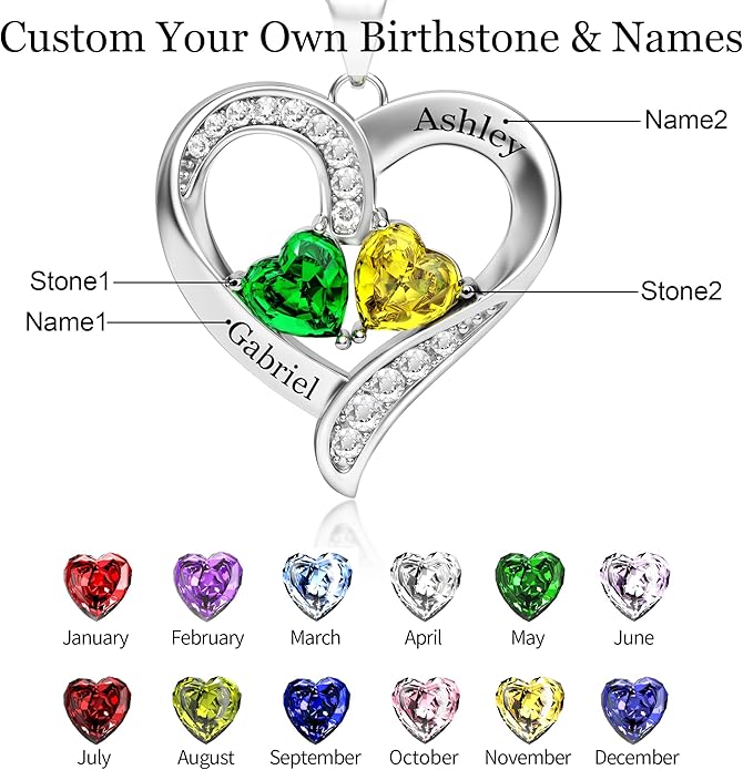 Easycosy Custom Name Necklace with Simulated Birthstones Customized Promise Necklace Heart Pendant with Engraved 2-6 Names - Anniversary Birthday Christmas Jewelry Gifts for Women Wife Mom Grandma