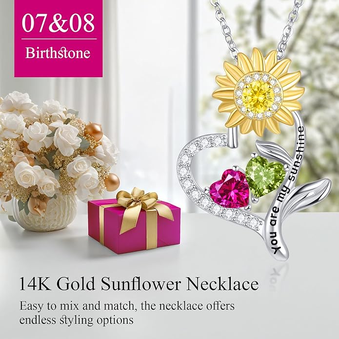 PERJI Valentine's Day Gifts for Women - 925 Sterling Silver Double Birthstone Sunflower Necklace, Anniversary Birthday Jewelry You are My Sunshine Gifts for Wife Couple Girlfriend 18"+2" Non Tarnish