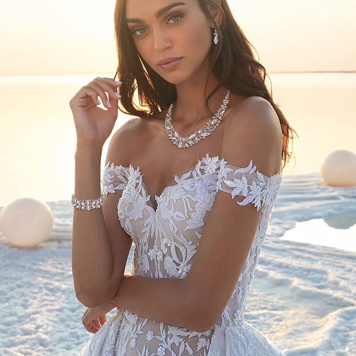 BriLove Women's Wedding Bridal Austrian Crystal Marquise Cluster Collar Necklace Dangle Earrings Set