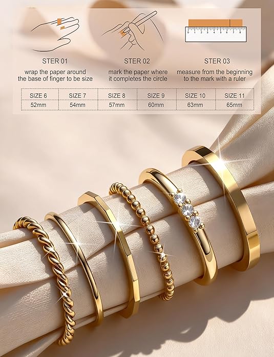 FIBO STEEL 14K Gold Plated Stackable Rings for Women Non Tarnish - Dainty Rings Cubic Zirconia Thin Ring Set Minimalist Thumb Stacking Ring Size 5-11