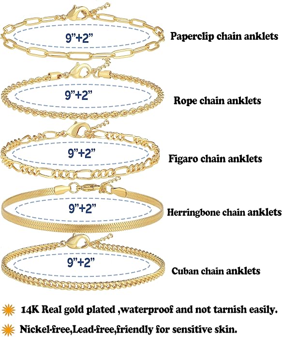 Gold/Silver Plated Anklet Bracelets for Women Waterproof Plus Size Cuban Link Chain Ankle Bracelet for Large Ankle 9-12inch