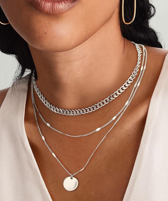 Layered Gold Silver Necklaces for Women, Stackable Stack 14K Real Gold Plated Silver Chain Necklace Diamond Circle CZ Layering Pendant Necklaces Trendy Gold Jewelry Set Gifts