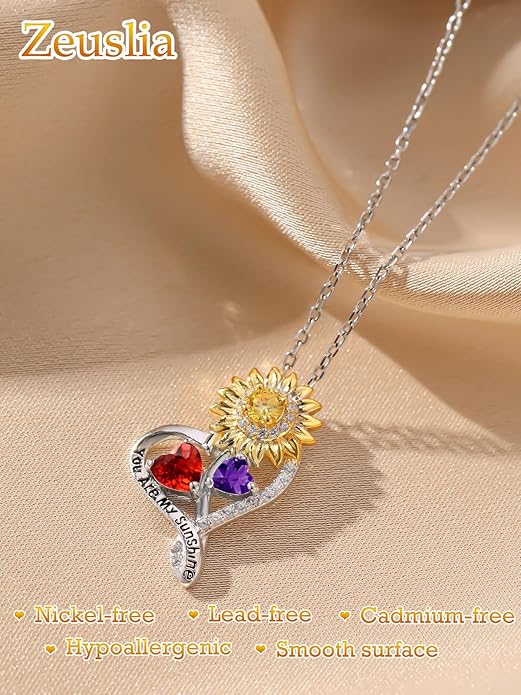 Zeuslia Double Birthstone Necklace Gifts for Wife - 925 Sterling Silver Sunflower/Rose/Crown Cross/Compass/Heart Pendant I Love You Necklace, Anniversary Birthday Gifts for Wife Girlfriend Mom Her