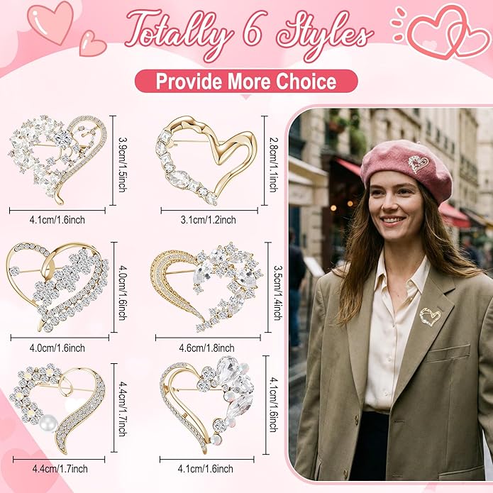Junkin 6 Pcs Love Heart Brooch Pin Women Crystal Rhinestone Gift Hollow Lapel Crystal Brooch Pins for Girls Party Wedding Festivals Valentine's Day