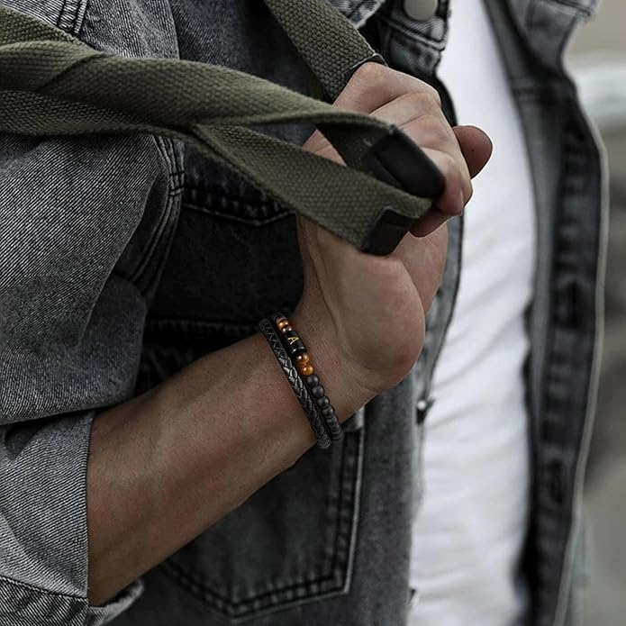 LUXEJEW Gifts for Men - Mens Bracelet, Beaded Leather Initial Bracelet 6mm Matte Agate Stone Handmade Bracelets Adjustable Stainless Steel Magnetic Clasp Mens Jewelry Gifts