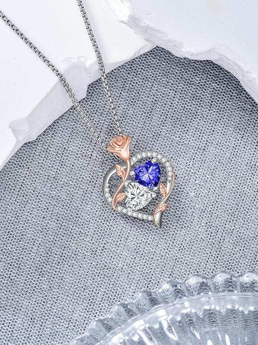 Christmas Gifts for Women Rose Heart Birthstone Pendant Necklace I Love You Forever Jewelry Valentine Mothers Day Birthday Gifts for Women Her Wife Girlfriend