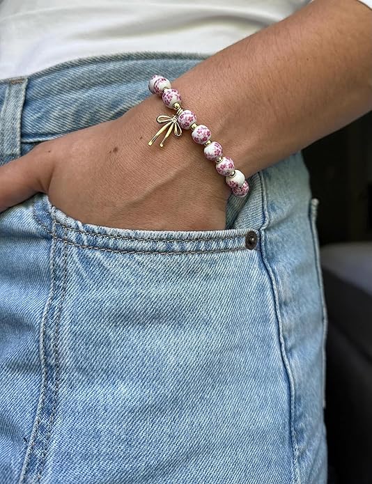 Beads Bow Charm Bracelet for Women Flower Vintage Bracelet Handmade Stretch Beaded Dainty Romantic Jewelry Gifts