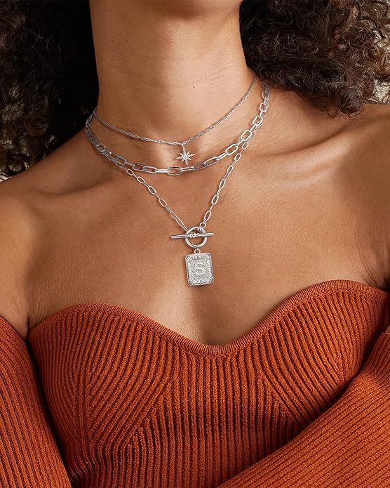 MJartoria Layered Initial Necklaces for Women Trendy, 14K Gold Plated Brass Simple Star Choker Square Letter Pendant Necklace, Paperclip Chain Necklaces Jewelry Gifts