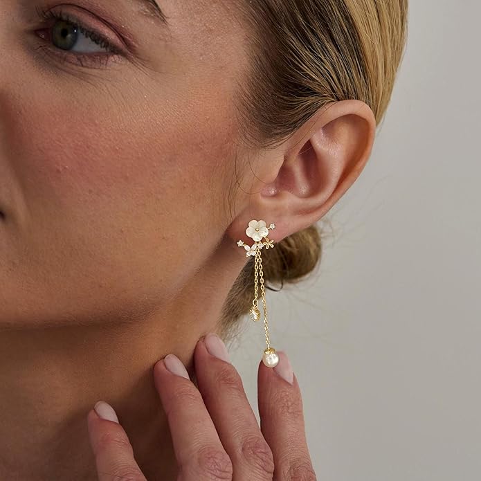 Gold Earrings for Women,Dainty 14k Gold Plated Pearl Drop Earring Dangle Pearl Dangling Earrings for Women Trendy Small Cute Wedding CZ Earring Long Chain Threader Prom Jewelry Gifts