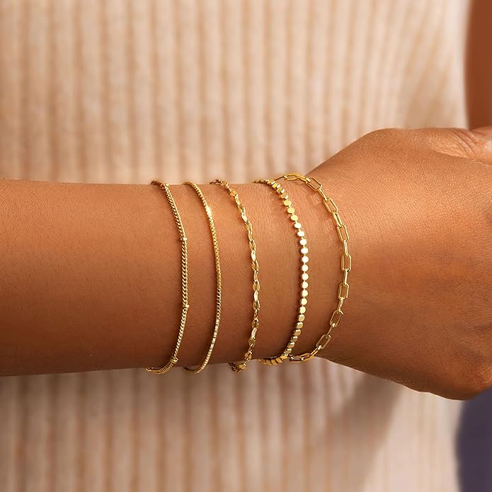 Gold Bracelets for Women Trendy,14K Gold Plated Dainty Stackable Paperclip Cuban Link Chain Bracelets, Simple Cute Cuff Bracelets Jewelry Set Adjustable 7"+2"