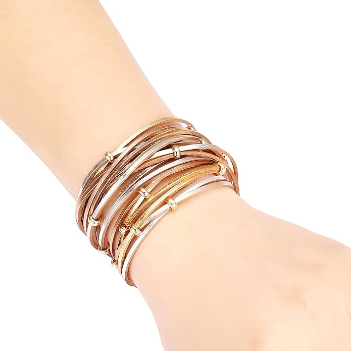 Fesciory Leather Wrap Bracelets for Women, Boho Leopard Multi-Layer Crystal Beads Cuff Bracelet Jewelry