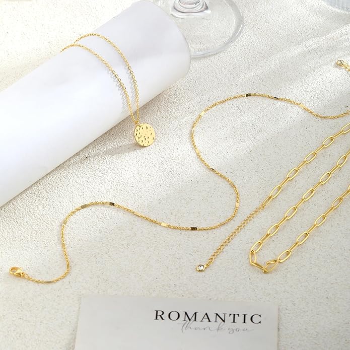 JECOMY Layered Gold Necklace for Women, 14K Gold Plated Necklace Stack for Women, Dainty Adjustable Gold Necklace Set