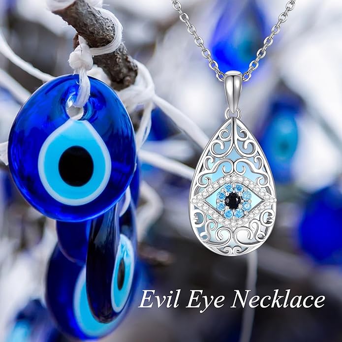Evil Eye Necklace 925 Sterling Silver Moonstone Evil Eye Pendant Necklace Evil Eye Lucky Protection Jewelry Gifts for Women