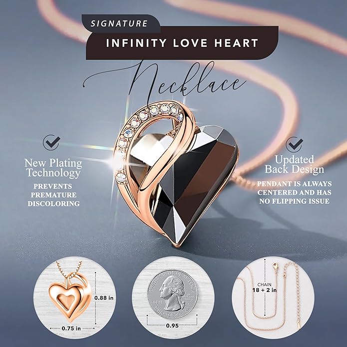 Leafael Rose Gold Plated Necklace for Women: Heart Shaped Birthstone/Healing Crystals Center, Dazzling Cubic Zirconia, Hypoallergenic Chain (18"+2"), Jewelry Gifts for Anniversaries and Birthdays