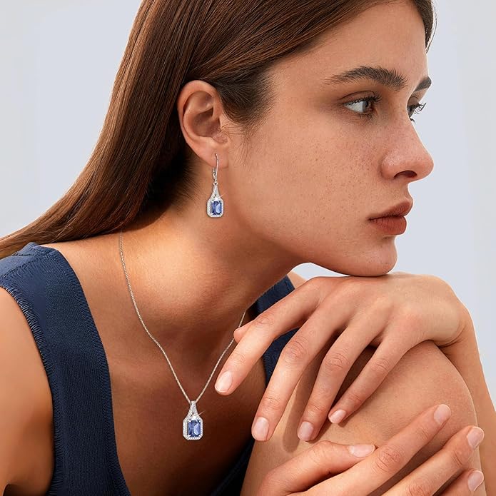 Emerald Cut Dangle Drop Earrings 925 Sterling Silver Halo Rectangular Leverback Earrings Birthstone Jewelry for Women