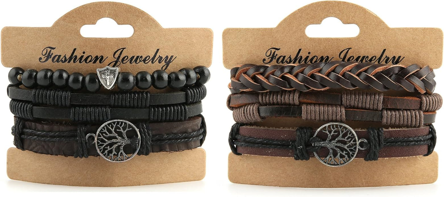 HZMAN Genuine Leather Tree of life Bracelets Men Women, Tiger Eye Natural Stone Lava Rock Beads Ethnic Tribal Elastic Bracelets Wristbands