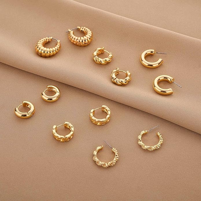 Wgoud Chunky Hoop Earrings Set 14K Gold Plated Hoop Earrings for Women Hypoallergenic, Thick Twisted Huggie Hoops Earring Set