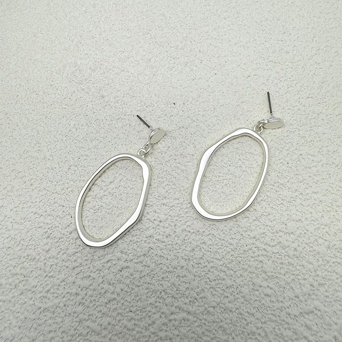 Stud Earrings for Women 14k Gold Plated Geometric Dangle Earrings Lightweight Minimalist Handmade Hammered Texture Oval Disc Drop Double-layer Big Hoop Dangle Earrings for Women