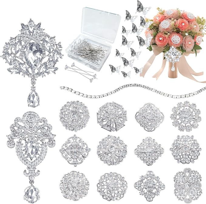 Yhsheen Rhinestone Brooches Crystal Brooch Pins, Pearl Crystal Wedding Bouquet kit Set