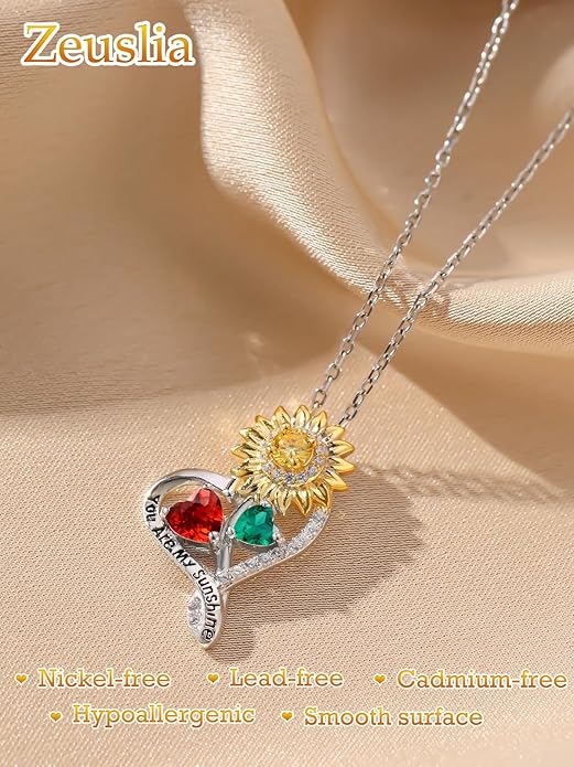Zeuslia Double Birthstone Necklace Gifts for Wife - 925 Sterling Silver Sunflower/Rose/Crown Cross/Compass/Heart Pendant I Love You Necklace, Anniversary Birthday Gifts for Wife Girlfriend Mom Her