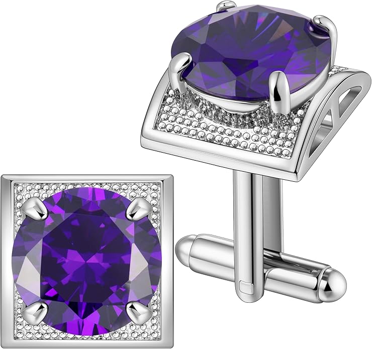 HAWSON Large Silver Birthstone Cuff Links Mens, Colorful Gem Cufflinks for Shirt Suit Accessories, Birthday Anniversary Wedding Gifts for Groommens Husband Father