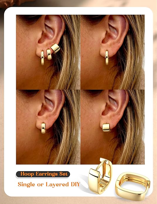 Florideco 3Pairs Chunky Gold Earrings Set 14K Gold Plated Hoop Earrings for Women Trendy Small Thick Huggie Hoops Earring Lightweight Silver Hoop Earring Sets for Multiple Piercing