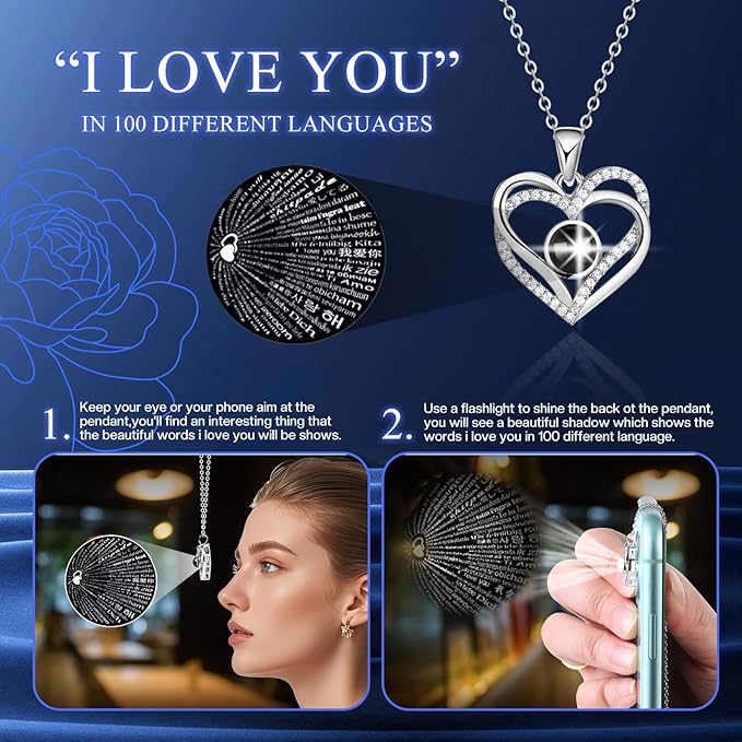 Preserved Blue Real Rose Flowers in Box with I Love You in 100 Languages Necklace - Unique Gift for Women Mom Wife Girlfriend on Mother's Day Valentine's Day, Birthday, Christmas