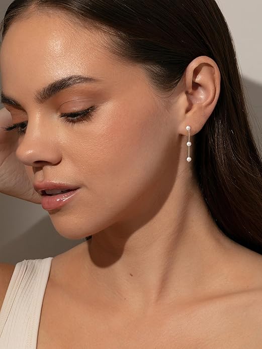 Moodear Dainty Pearl Dangle Earrings for Women - Trendy 14K Gold Plated Pearl Hypoallergenic Drop Earring Wedding Jewelry Gift