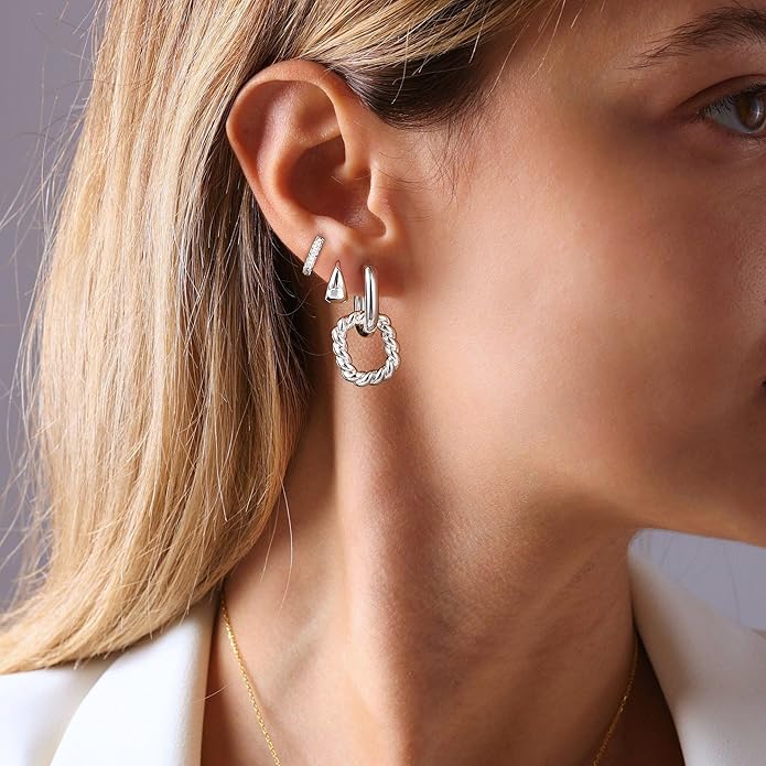 3 Pairs Earrings Set for Multiple Piercings, Gold Plated Studs Hoop Earrings Stack, CZ Dangle Earrings Set, Hypoallergenic for Sensitive Ears, Women's Gift