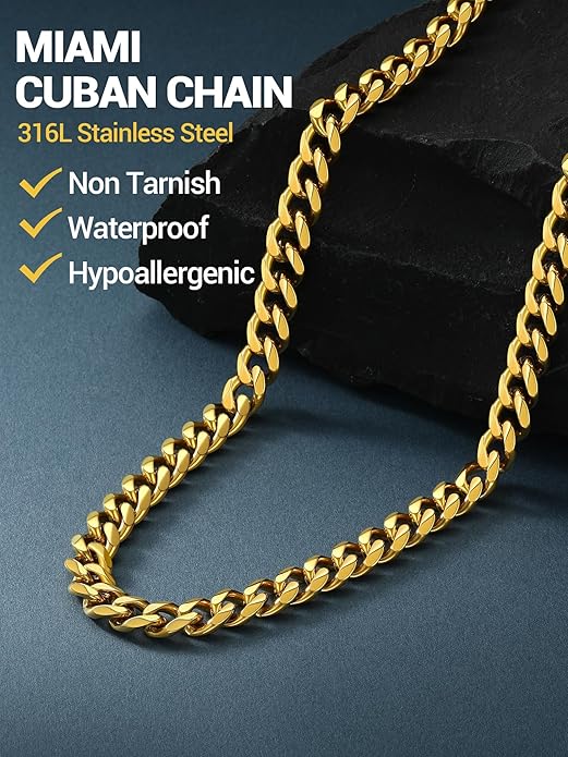 PROSTEEL Miami Cuban Link Chain for Men, 18K Gold/Black/Stainless Steel Necklace,6mm/9mm/12mm Width, Upgrade Clasp & Durable Chain for Mens Womens Jewelry,18"-30",with Gift Box