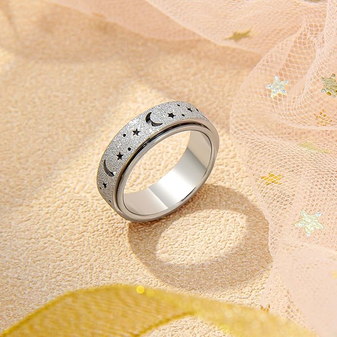 AmorArtSky Anxiety Ring for Women Men, Titanium Stainless Steel Spinner Ring, 5 Colors, 6MM, Size 6-10, 3 Styles Anxiety Ring-Moon Star, Sandblasted Finished, Hollow Outer