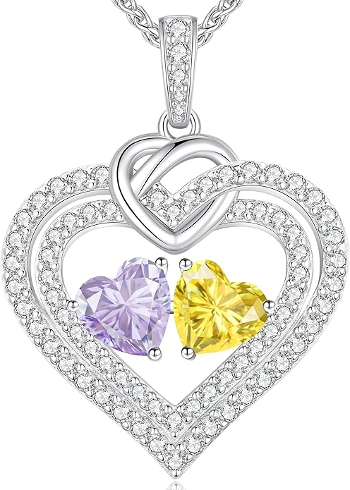 LOUISA SECRET Sparkling Double Heart Birthstone Necklaces for Women, 925 Sterling Silver Fine Jewelry, Pendant Heart Necklaces Birthday Anniversary Christmas Gift for Women Wife Mom Girlfriend Lady