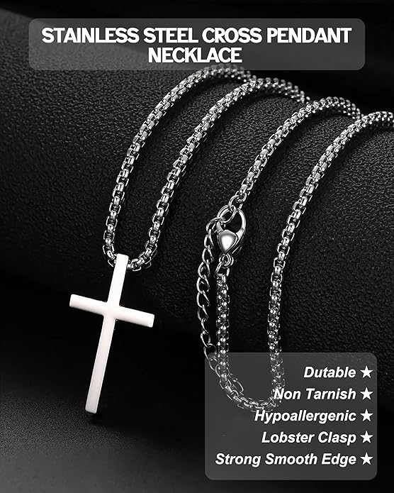 TEN MIRO Silver/Black Cross Necklace for Men Boy Stainless Steel Cross Pendant Necklace for Men Christian Religious Jewelry with Box & Card Birthday Anniversary Christmas Father's Day Gifts for Him