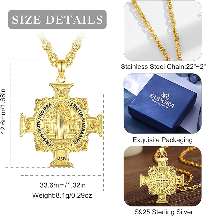 EUDORA 925 Sterling Silver St Christopher/St Benedict/St Michael/Virgin Mary/San Judas Tadeo/Good Shepherd Cross/Archangel Necklace Medal Pendant Protection Religious Amulet Jewelry For Men Women