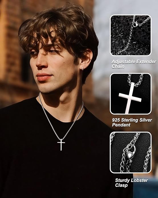 TEN MIRO S925 Sterling Silver Cross Necklace for Men Solid Sterling Silver Cross Pendant Necklace Boys Mens Cross Necklace Jewelry Gifts with Box & Card Birthday Anniversary Christmas Father's Day